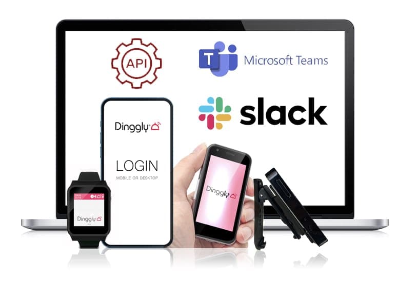 Dinggly pager system device compatibility showing wrist pager, phone, laptop, MS Teams and Slack